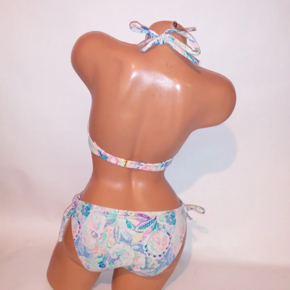 Victoria Secret Swim Bikini 32C Top Medium Bottom Push Up Blue Paisley Halter